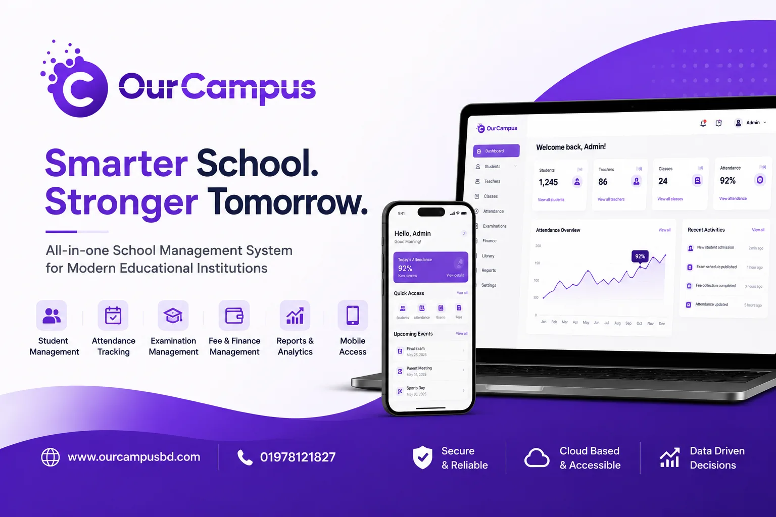 OurCampusBD অ্যাডমিন ড্যাশবোর্ড ও মোবাইল অ্যাপের স্ক্রিন